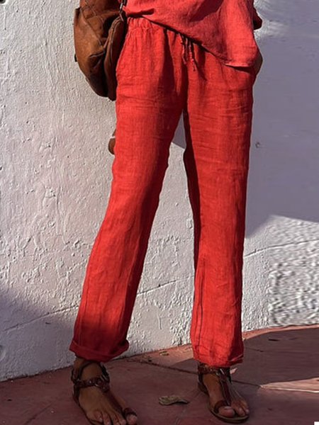 Cotton Plain Loose Drawstring Pants, Orange red, Pants