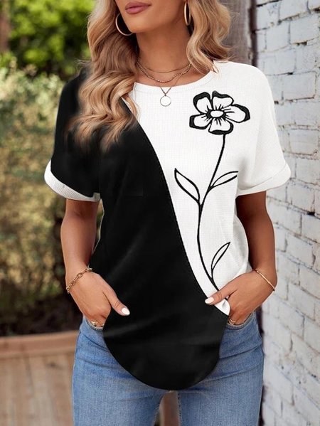 Casual Black And White Colorblock Loose Knitted T-Shirt, T-Shirts