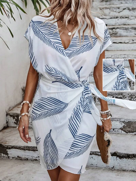 V Neck Casual Loose Lace-Up Dress, White, Dresses