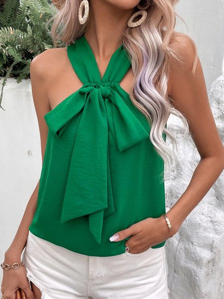 Daily Plain Elegant Spaghetti Regular Fit Shirt, Green, Blouses and Shirts
