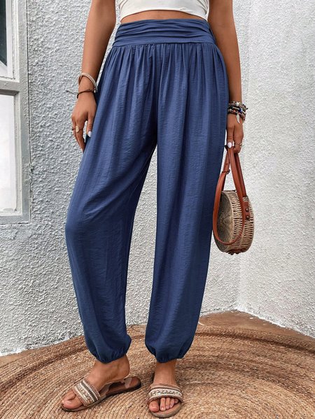 Casual Plain Loose Pants, Blue, Pants