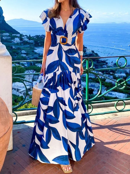 Regular Fit Vacation V Neck Color Block Dress, As picture, Maxi Dresses