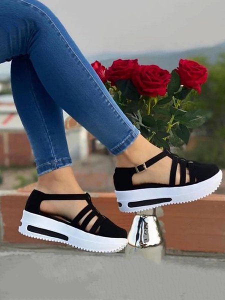 Hollow out Adjustable Buckle Platform Sports Sandals, Black, Sandals
