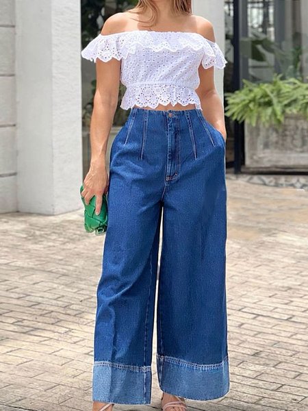 Denim Loose Color Block Casual Jeans, Blue, Jeans