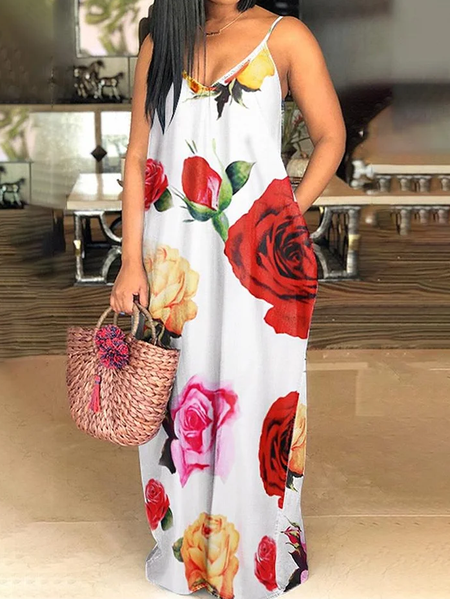 Loose Floral Vacation V Neck Dress, As picture, Maxi Dresses