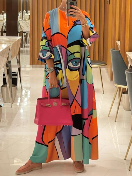 Vacation V Neck Abstract Print Loose Dress, Multicolor, Maxi Dresses