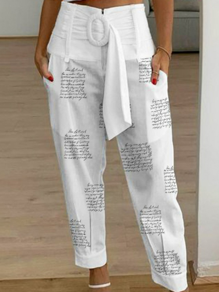 Casual Text Letters Loose Pants, White, Pants