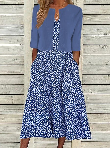Casual Floral Loose Two-Piece Set, Blue, Dresses
