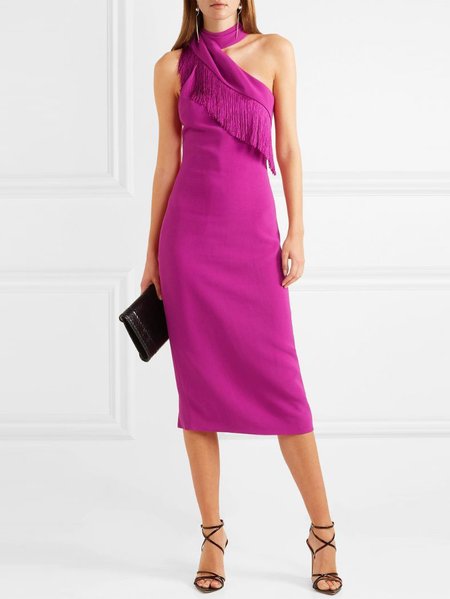Party Vintage Tight Plain Dress, Deep pink, Midi Dresses