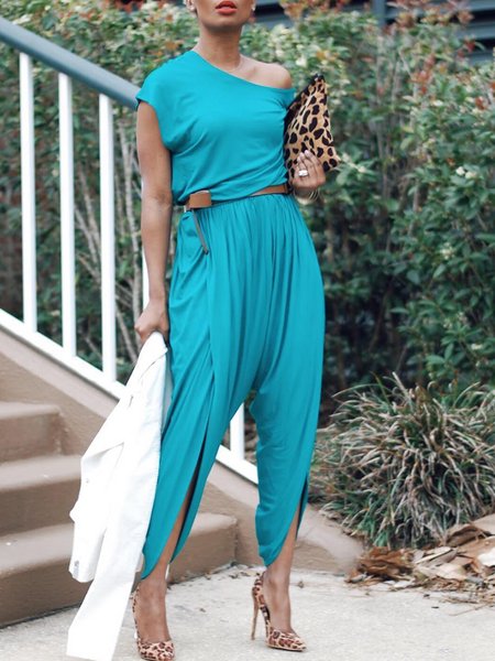 Urban Cold Shoulder Loose Plain Jumpsuit, Blue, Jumpsuits