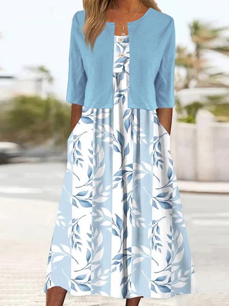 Floral Elegant Two-Piece Set, Blue, Dresses