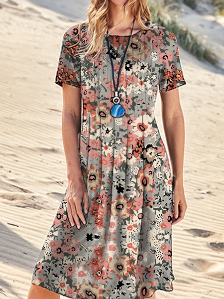woman floral print Floral Printing Casual Dress, Pink, Dresses