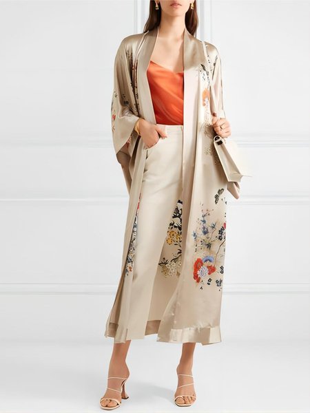 Casual Shawl Collar Loose Floral Kimono, As picture, Others