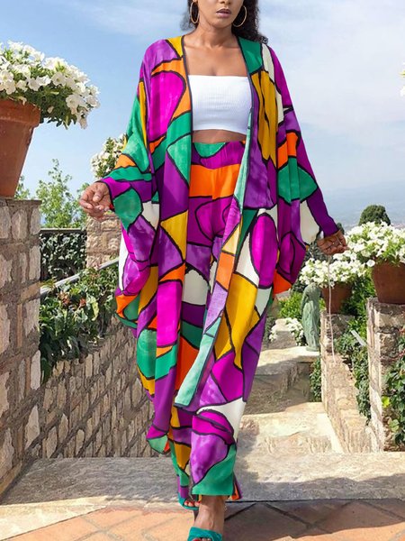 Geometric OLong sleeve Loose Vacation Kimono, Multicolor, Others