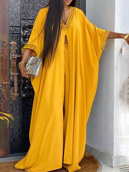 Loose Casual Plain V Neck Long Shirt, Yellow, Blouses and Shirts