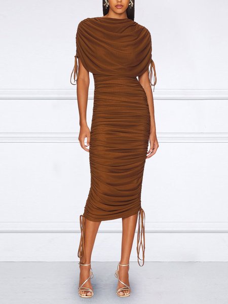 Elegant Plain Regular Fit Midi Dress, Brown, Midi Dresses