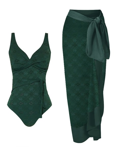 Vacation Plain V Neck One Piece With Cover Up, Green, Swimsuit with Coverups