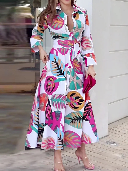 Leaf Urban Shirt Collar Three Quarter Long Dress Shirt Dress, As picture, Maxi Dresses