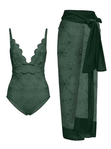Vacation Plain V Neck One Piece With Cover Up, Green, Swimsuit with Coverups