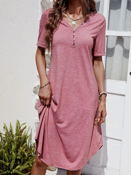 Loose Buttoned Casual Dress, Pink, Dresses