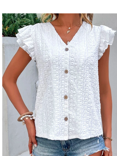 V Neck Vacation Loose Eyelet Embroidery Ruffle Trim Button Front Shirt, White, Shirts & Blouses
V Neck Vacation Loose Eyelet Embroidery Ruffle Trim Button Front Shirt, White, Shirts & Blouses