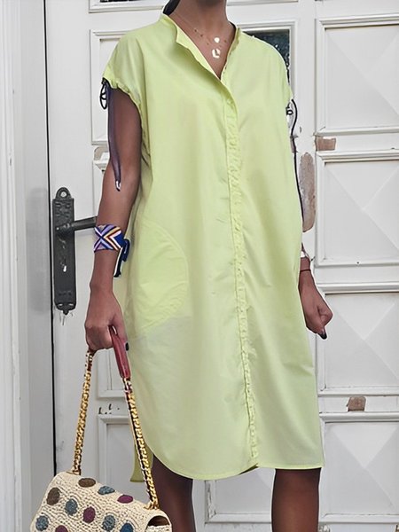 Plain Urban Short Sleeve Loose Shirt Dress, Lightgreen, Midi Dresses