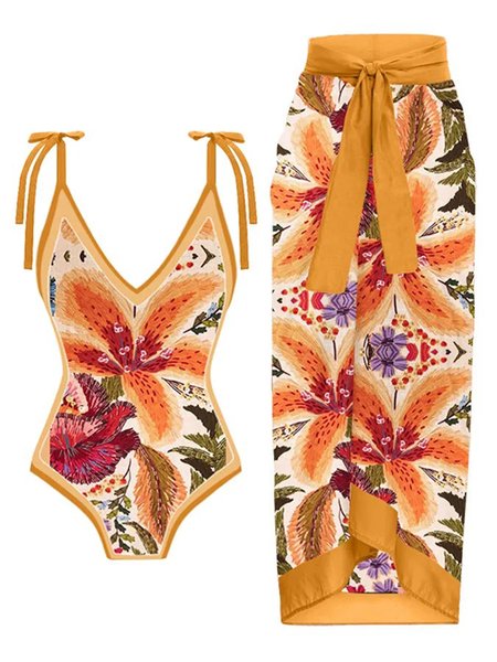 Printing Floral Vacation V Neck One Piece With Cover Up, Orange, swimwear>>One-Pieces
Printing Floral Vacation V Neck One Piece With Cover Up, Orange, swimwear>>One-Pieces