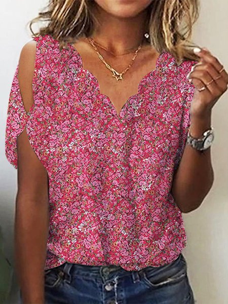 Floral V Neck Loose Casual T-Shirt, Deep pink, T-Shirts