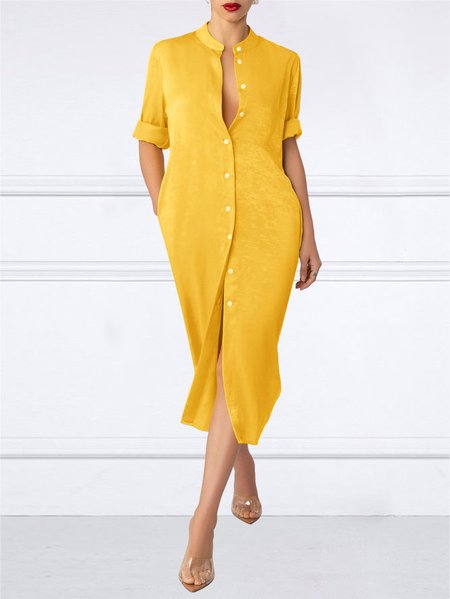 Daily Plain Stand Collar Shirt Dress, Yellow, Midi Dresses 
Daily Plain Stand Collar Shirt Dress, Yellow, Midi Dresses