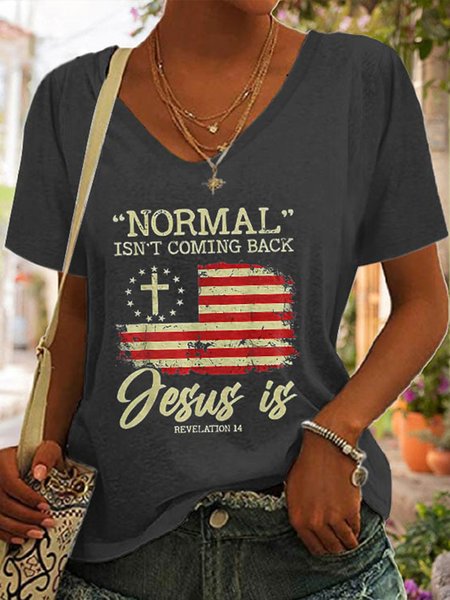 Casual V Neck Flag Loose T-Shirt, Deep gray, T-Shirts
