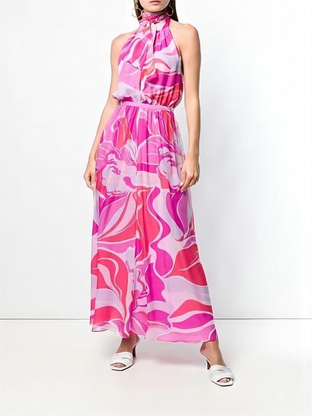 Crew Neck Regular Fit Vacation Floral Dress, As picture, Maxi Dresses