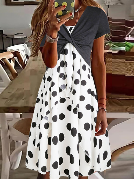 Casual Polka Dots V Neck Regular Fit Dress, Black, Dresses