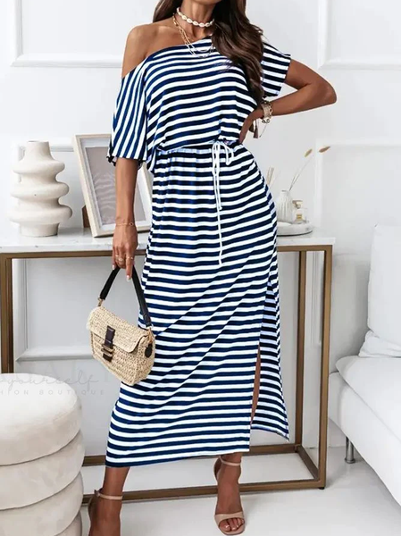 Striped Casual Cold Shoulder Dress, Blue, Dresses