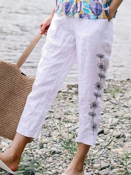Linen Cotton And Linen Floral Loose Pants, White, Pants