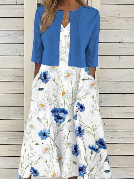 Loose Crew Neck Casual Two-Piece Set, Blue, Dresses