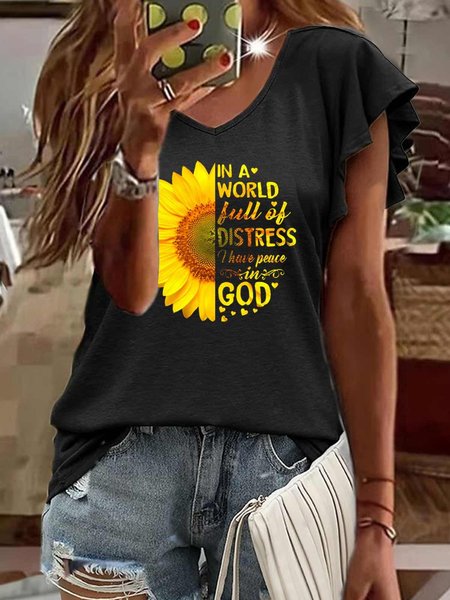 Women's Christian Sunflower Print Casual V Neck T-Shirt, Black, T-shirts