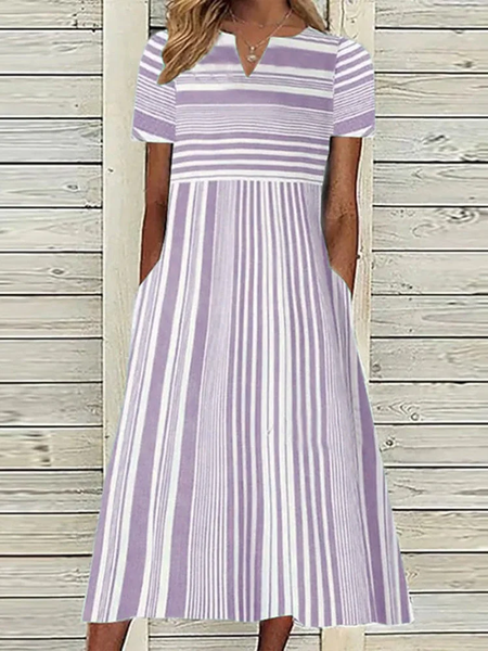 Women V Neck Striped Pockets Short Sleeve Vacation Dress, Purple, Midi Dresses
Women V Neck Striped Pockets Short Sleeve Vacation Dress, Purple, Midi Dresses