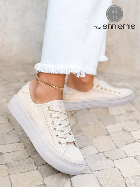 Casual Beige Wearable Sole Lace-Up Linen Shoes, Sneakers