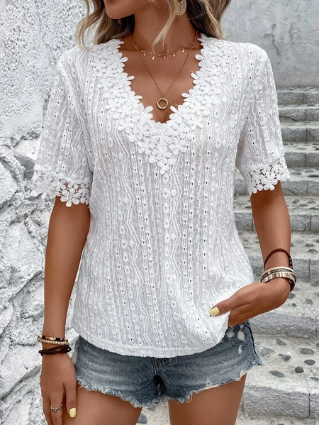 V Neck Cotton Lace Casual Shirt, White, Shirts & Blouses