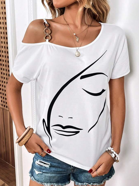 Loose Abstract One Shoulder Casual T-Shirt, White, T-Shirts