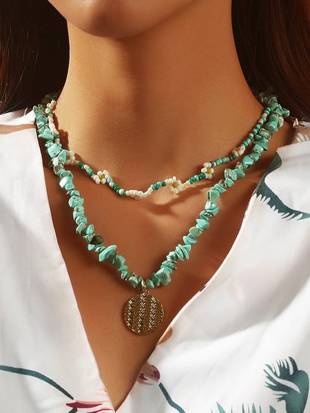 

Boho Turquoise Beaded Layered Necklace Vacation Casual Women's Jewelry, Green, Necklaces