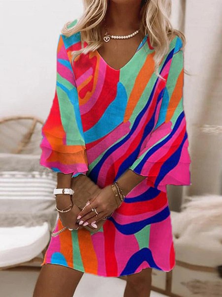 Casual Loose V Neck Color Block Dress, Deep pink, Dresses