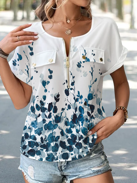 Half Open Collar Jersey Casual Shirt, Blue, Shirts & Blouses