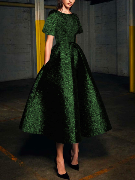 Plain Elegant Short Sleeve Regular Fit Midi Party Dress, Green, Midi Dresses