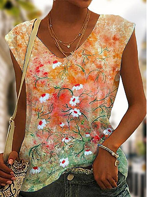 Floral V Neck Casual Tank Top, Orange red, Tanks & Camis