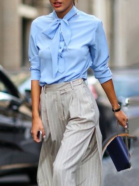 Long sleeve Elegant Regular Fit Plain Others Blouse, Blue, Blouses and Shirts