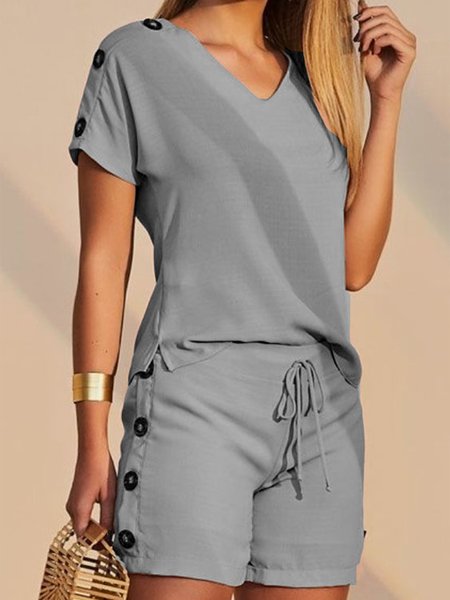 V Neck Casual Two-Piece Set, Gray, Tops