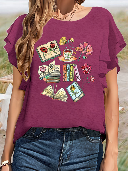 Women’s Floral and Book Casual T-Shirt, Rose red, T-shirts