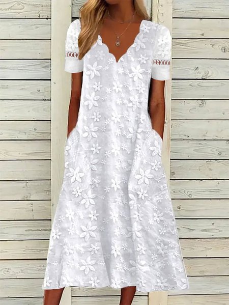 V Neck Lace Linen Lace Dress, White, Dresses