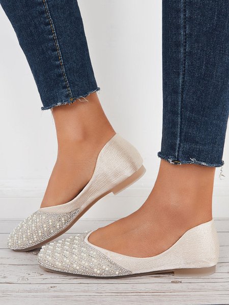 Shiny Beads Square Toe Slip On Flat Dress Shoes, Apricot, Flats